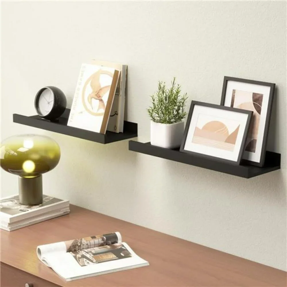 Black Floating Wall Shelves Set of 2 Picture Ledge Shelf for Room Decor